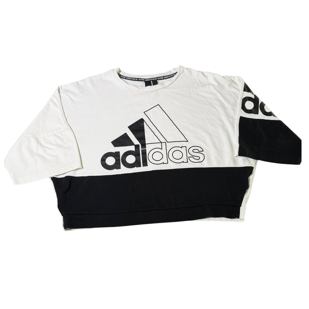 Adidas Womens XL Cropped Sweatshirt White Black Colorblock Logo Boxy Pullover